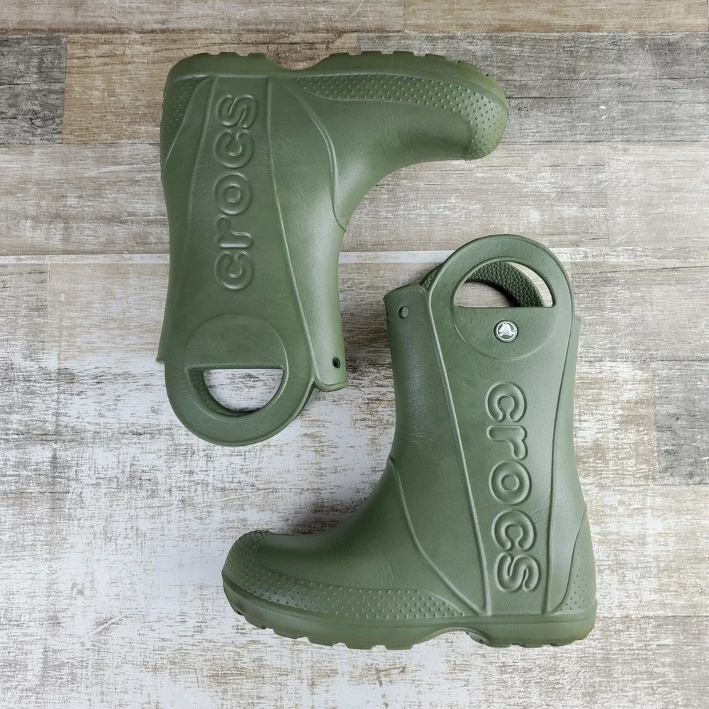 Crocs Handle It Kids Rain Boots Sz 2 Army Green Rubber Handles Slip On Round Toe